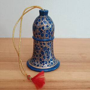 Vintage Paper Mache Bell Ornament Australia Gold Blue Floral Hand Painted